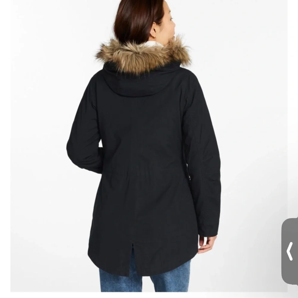 NWT 100% Organic Cotton L.L. Bean Black Coat Parka Removable Faux Fur Trim Hood - Picture 5 of 11